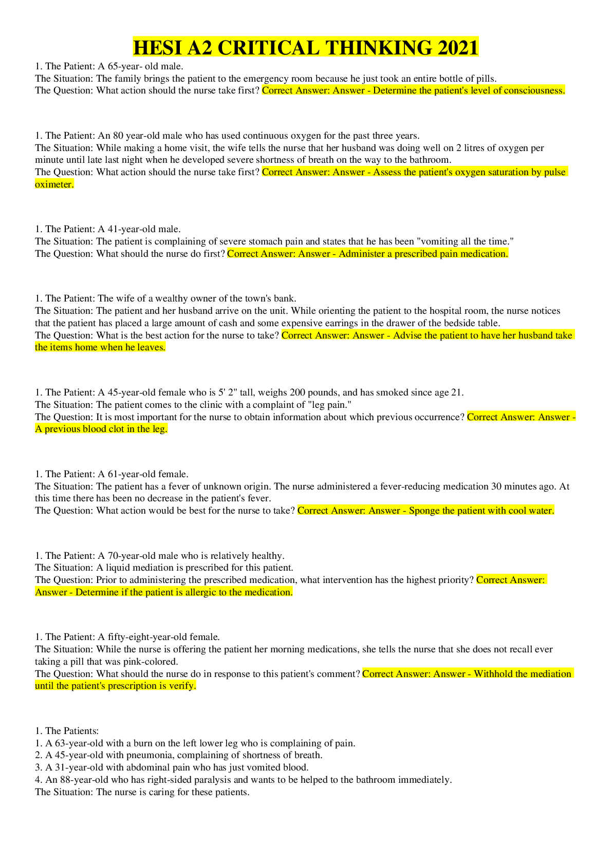 Preview of HESI A2 CRITICAL THINKING 2021